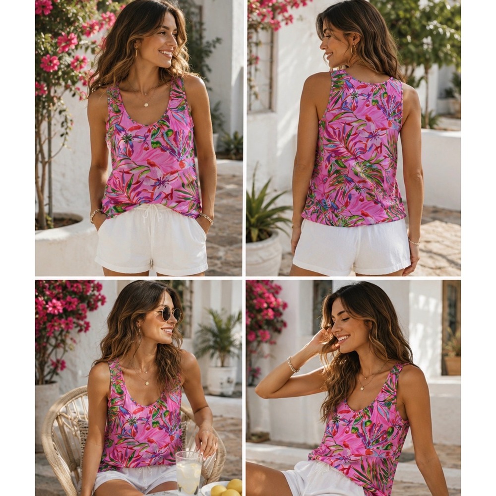 Van Winkle & Co Pink Tropical Floral Scoop Neck Tank Top Womens Large
